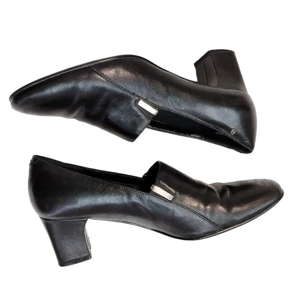 Etienne Aigner Francis Slip On Pumps Block Heel Leather Black Womens Size 6.5M